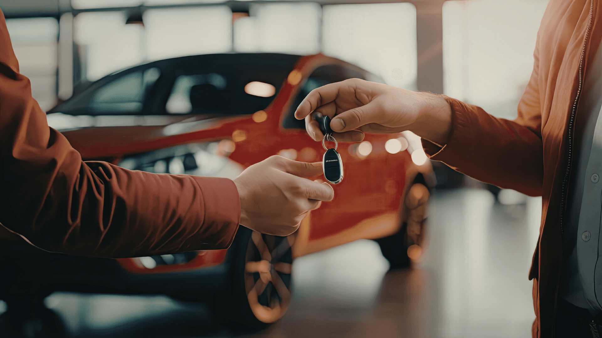 Two people exchanging a car key