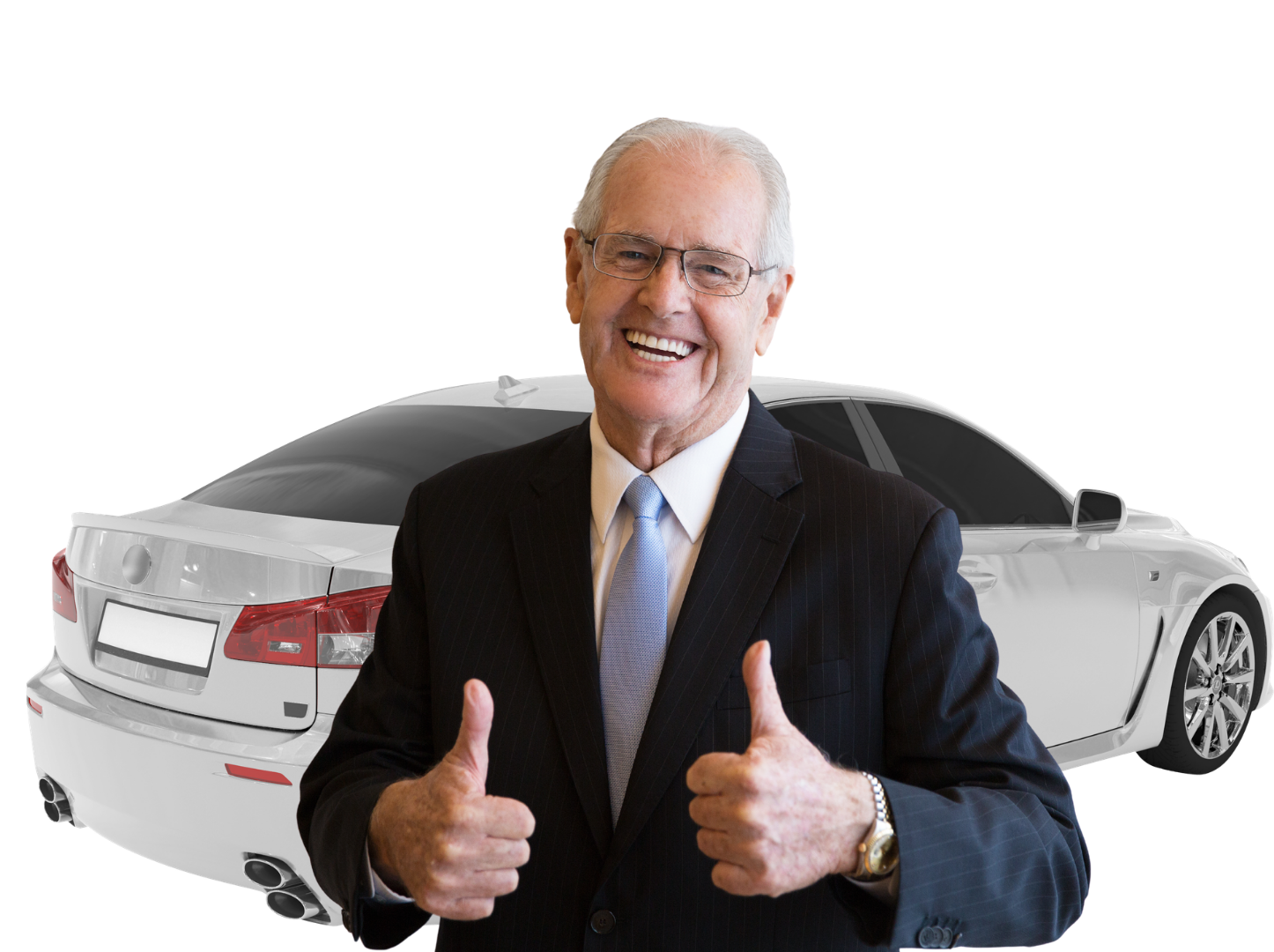 Senior man in a suit giving a thumbs up gesture with a car in the background.