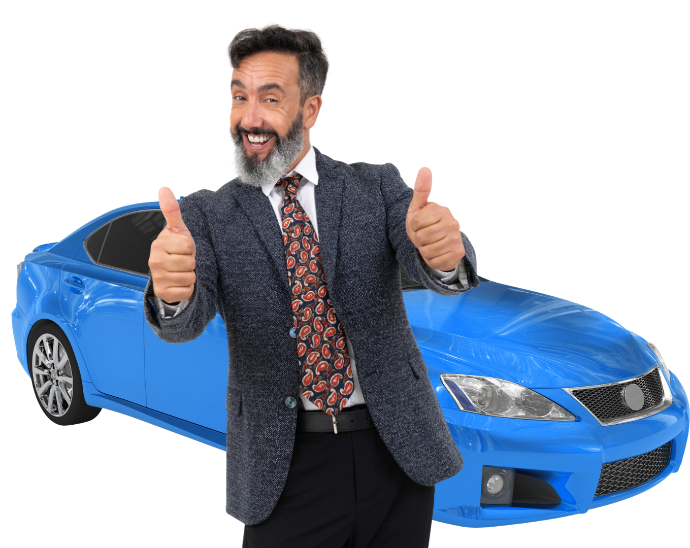 Man in a suit giving thumbs up in front of a blue car, smiling confidently.
